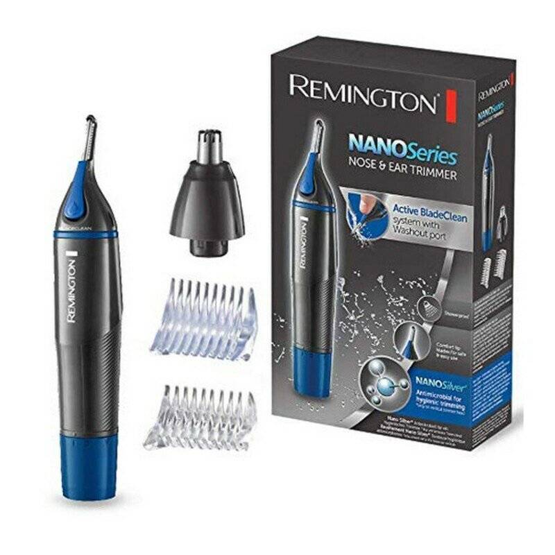 Remington Nano Series Nasen- und Ohrhaartrimmer mit blauem Griff, zwei Kammaufsätzen und Verpackung mit 'Active BladeClean'-Funktion.