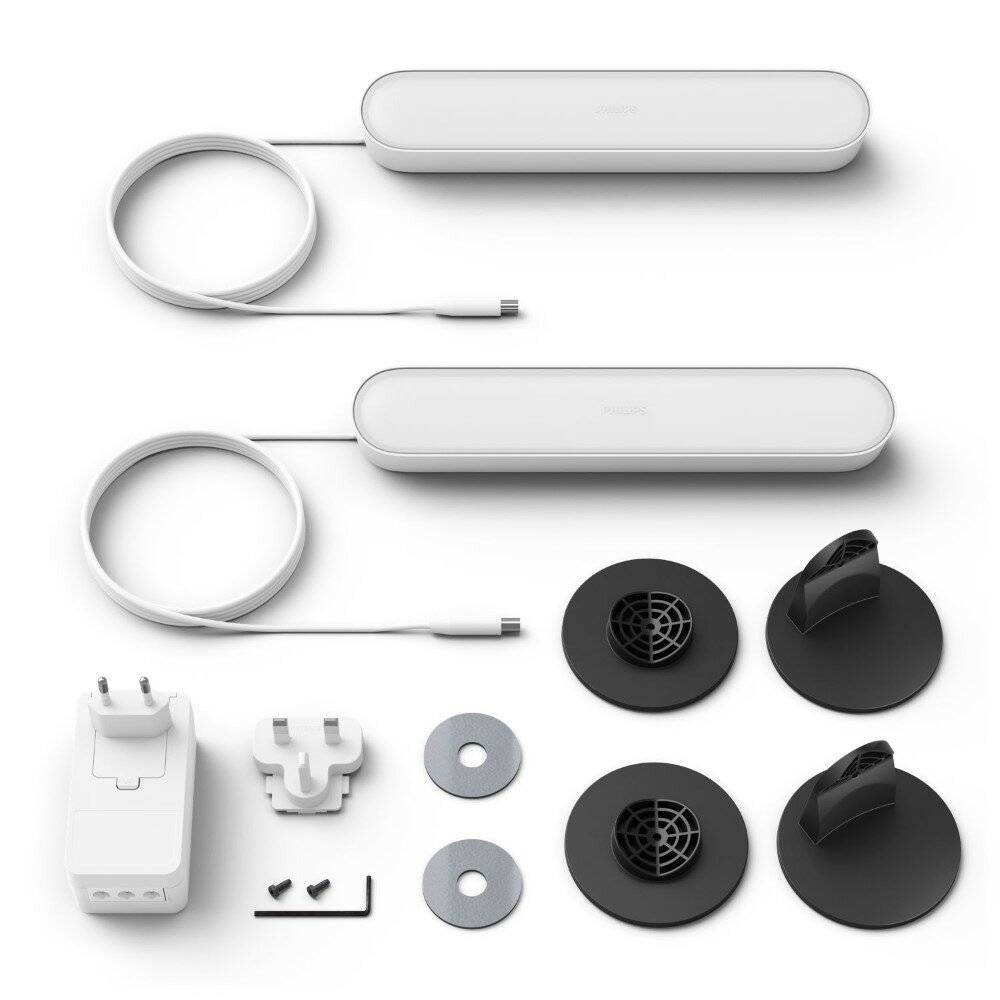 Intelligentes Lichtleistensystem mit zwei LED-Leisten, Netzteil, Ständern und Montagezubehör in einem minimalistischen Weiß-Schwarz-Design.