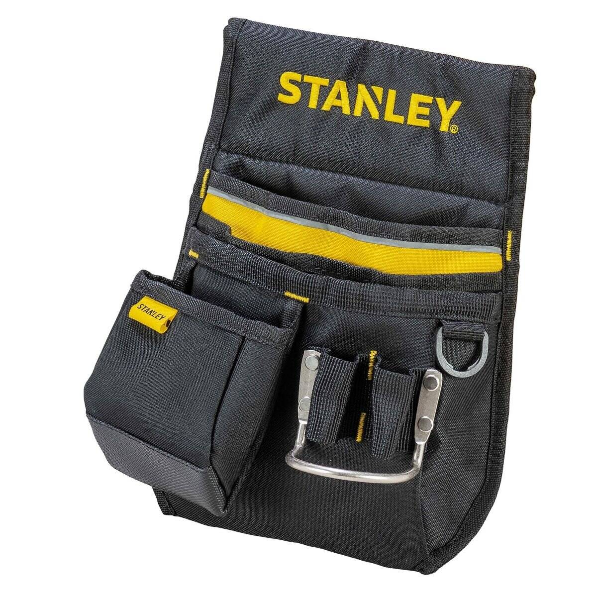 Eine schwarze und gelbe Werkzeugtasche mit dem Markennamen 'STANLEY', ausgestattet mit mehreren Taschen und Schlaufen zum Aufbewahren von Werkzeugen.