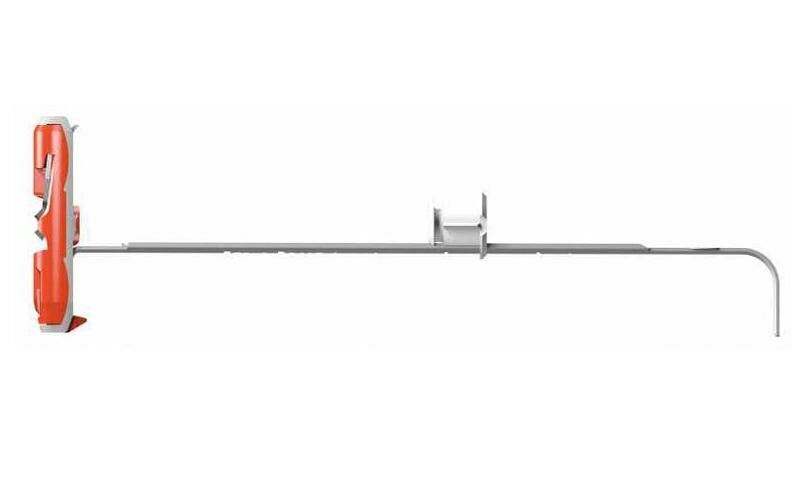 Ein minimalistisches Bild, das eine horizontale Linie zeigt, die von einer kleinen vertikalen Struktur durchschnitten wird, ähnlich einem Teil eines Balken- oder Trägersystems.