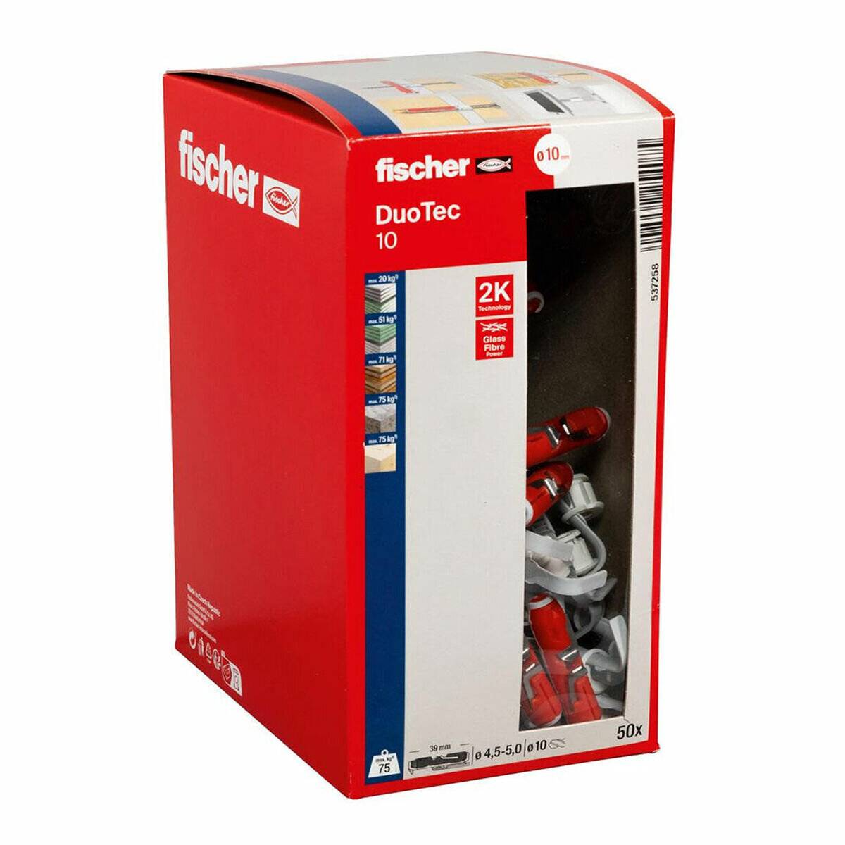 Fischer DuoTec 10' Packung mit Dübeln; rote und graue Verpackung mit Produktdetails.