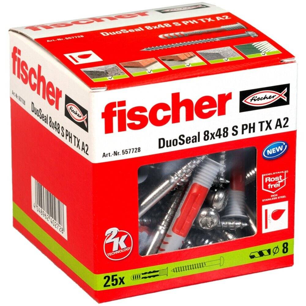 Eine rote und weiße Box mit der Aufschrift 'fischer DuoSeal 8x48 S PH TX A2', die 25 Befestigungsmaterialien enthält und auf der Oberseite ein Produktbild zeigt.