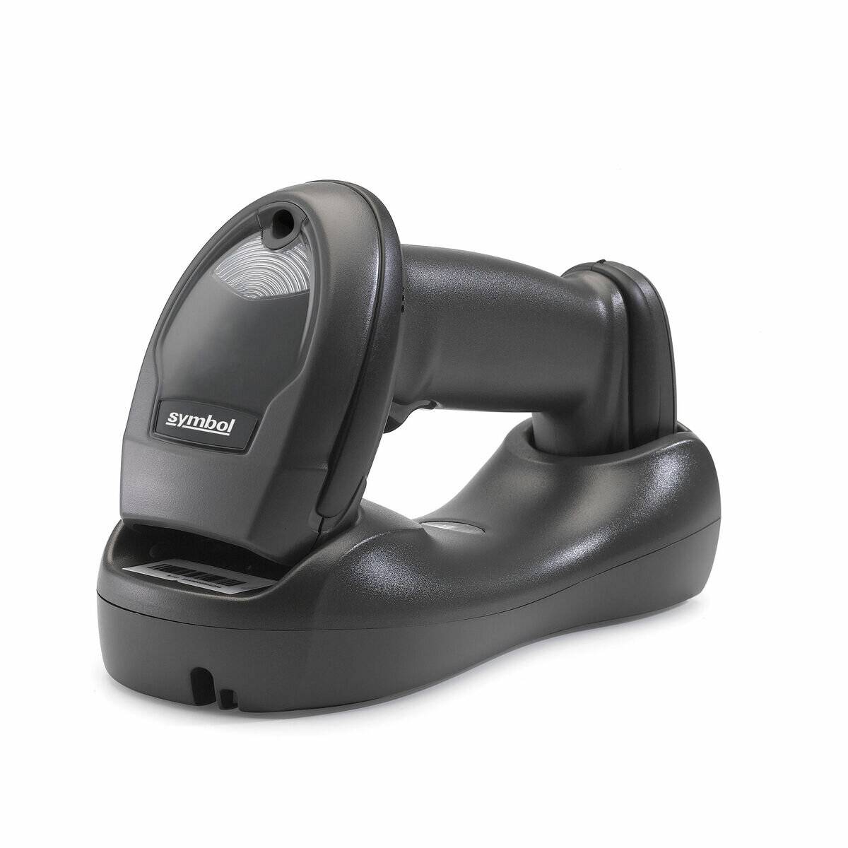 Ein handgehaltener Barcode-Scanner, der auf seiner Ladestation ruht, mit elegantem schwarzem Design und ergonomischem Griff.