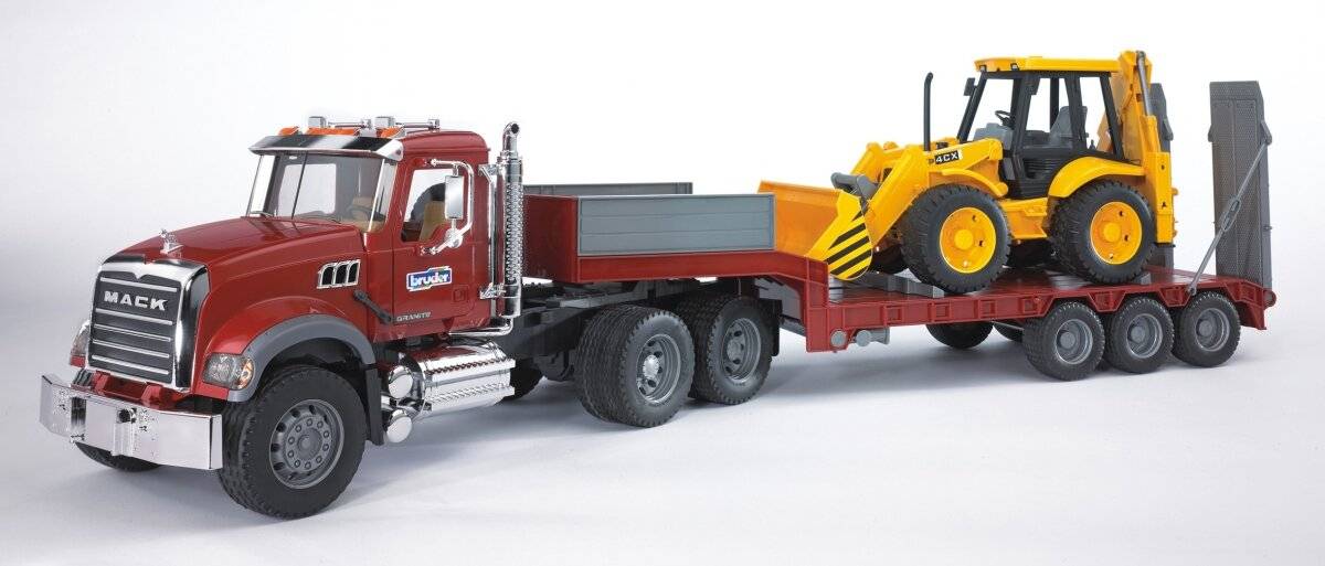 bruder MACK Granite Tieflader und JCB 4CX Baggerlader, Modellfahrzeug
