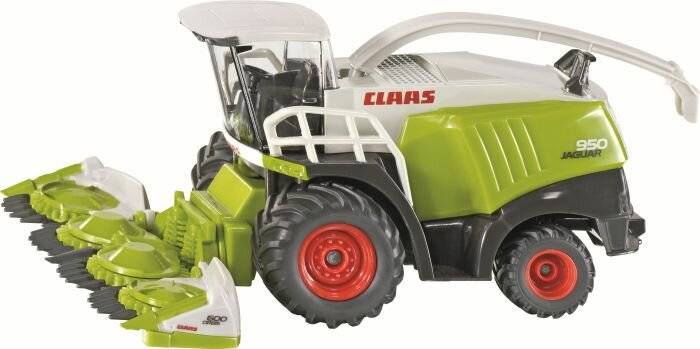 Ein grün-weißer Farmharvester-Spielzeug mit roten Rädern und dem Wort 'CLAAS' an der Seite, der ein landwirtschaftliches Fahrzeug darstellt.