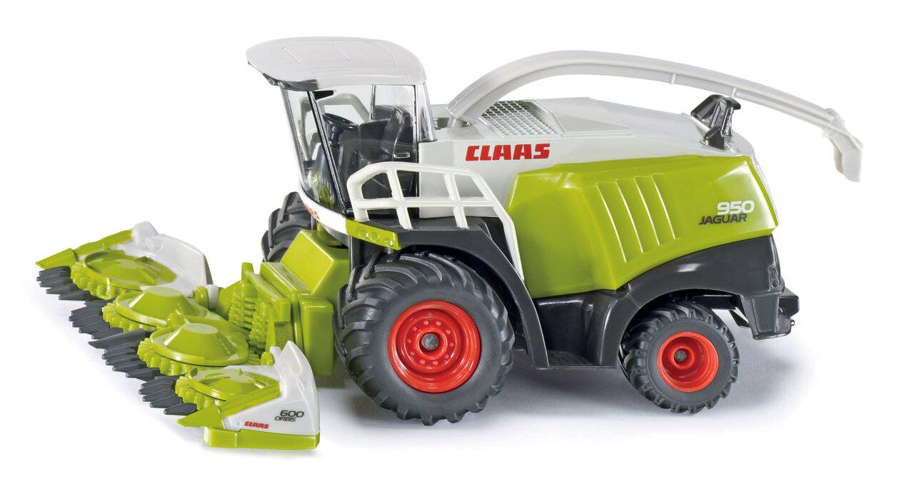 Ein grüner und weißer Spielzeugtraktor mit roten Rädern auf einem weißen Hintergrund, mit dem Markennamen 'CLAAS' an der Seite.