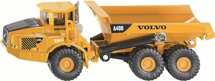 Ein gelbes A40D Kipplaster-Modell mit großen schwarzen Reifen, detaillierte Seitenansicht, die das Fahrzeugdesign zeigt und mit 'A40D' an der Seite beschriftet ist.