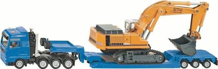 Ein orangefarbenes Baufahrzeug mit Ketten und einem angehobenen Kranarm auf einer blauen Plattform, beschriftet mit 'Liebherr.