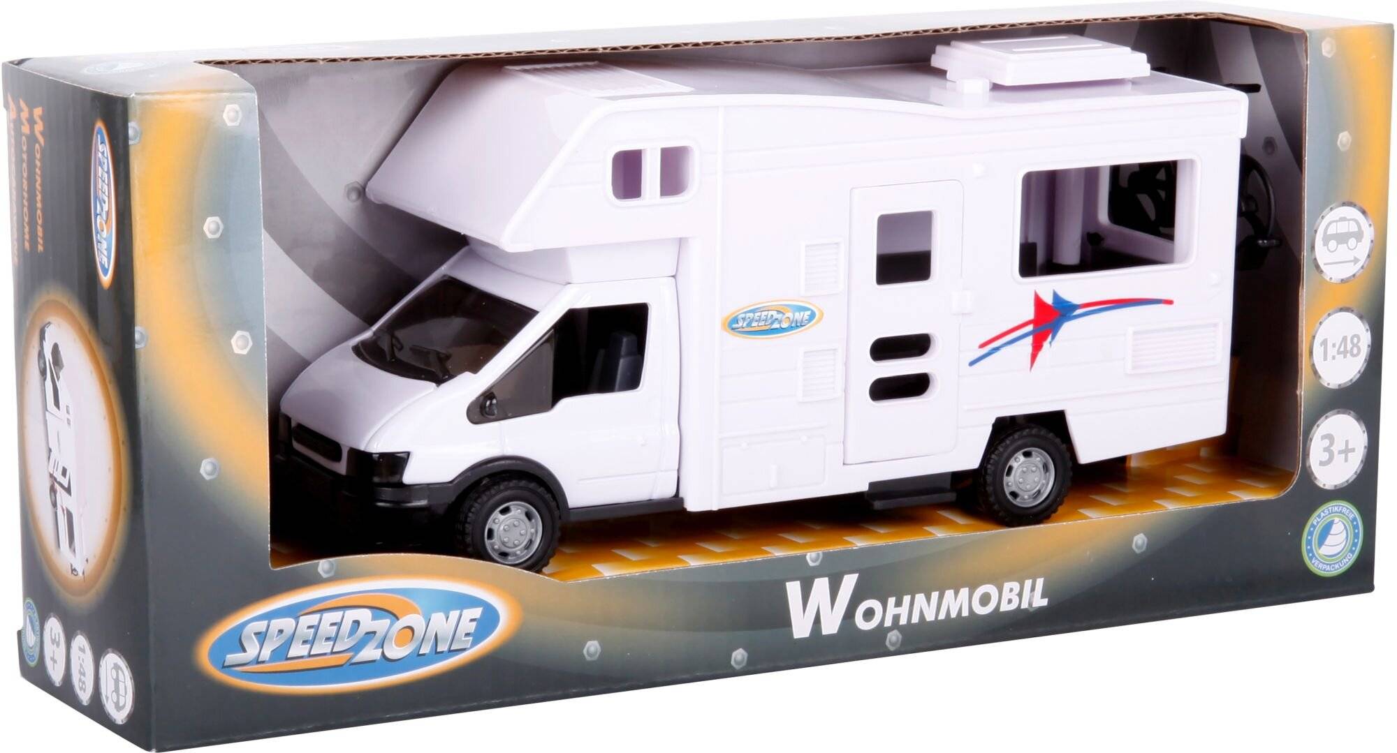Spielzeugmodell eines weißen Wohnmobils in Verpackung, mit der Beschriftung 'Wohnmobil' und einem blau-roten Pfeildesign an seiner Seite.