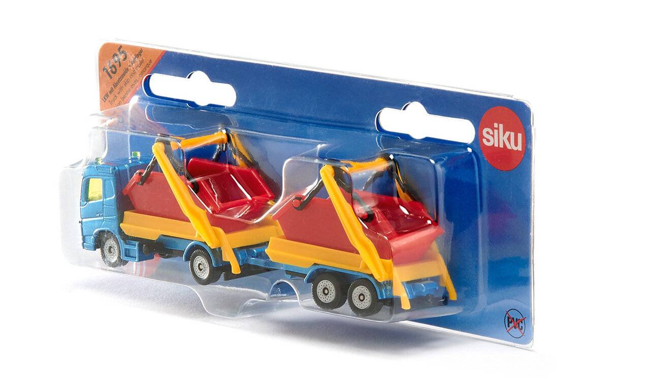 Zwei rote Spielzeug-Kipplaster mit gelben Armen in blauer Verpackung, mit der Marke 'siku', auf einer weißen Oberfläche präsentiert.