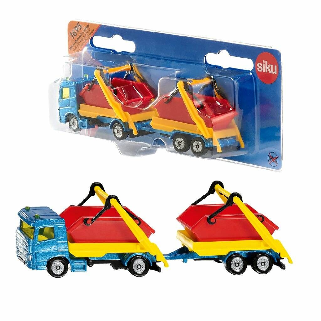 Ein Spielzeug-Modelltruck mit gelben und orangefarbenen Containern wird ausgepackt und in seiner Verpackung gezeigt. Die Marke 'siku' ist auf der Verpackung sichtbar.
