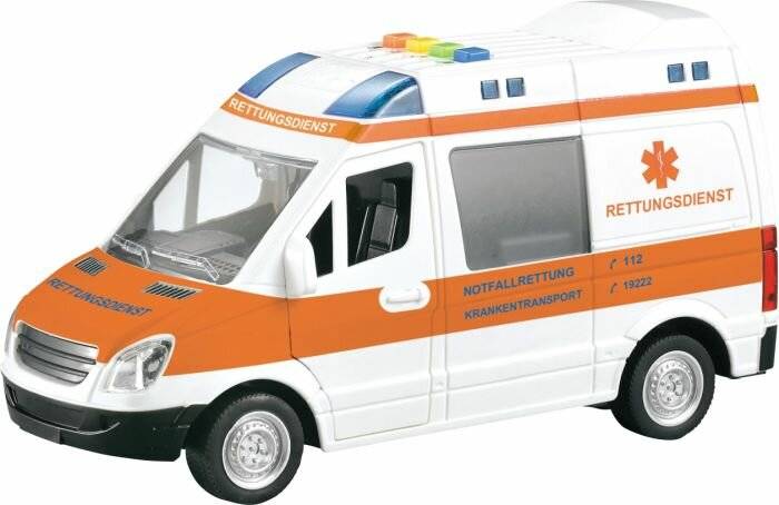 Spielzeug-Krankenwagen im orange-weißen Design, mit der Aufschrift 
