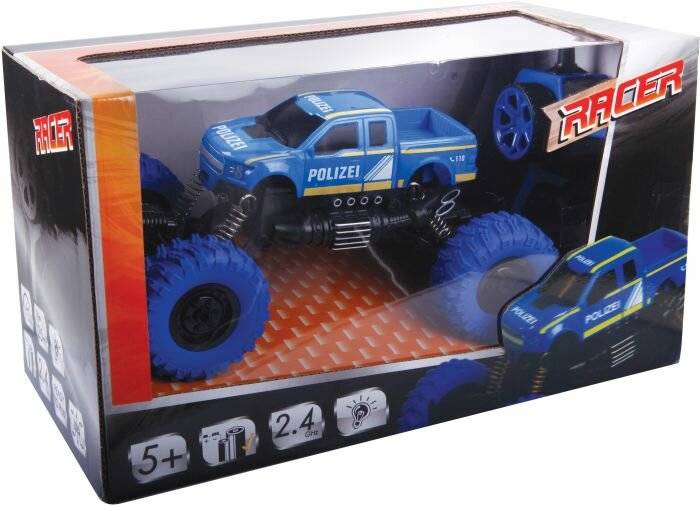 Polizei-Lastwagen-Set in einer Box für Kinder ab 5 Jahren, mit übergroßen blauen Rädern und 'Polizei' Aufschrift. Inklusive Fernbedienung mit 2,4 GHz Technologie.