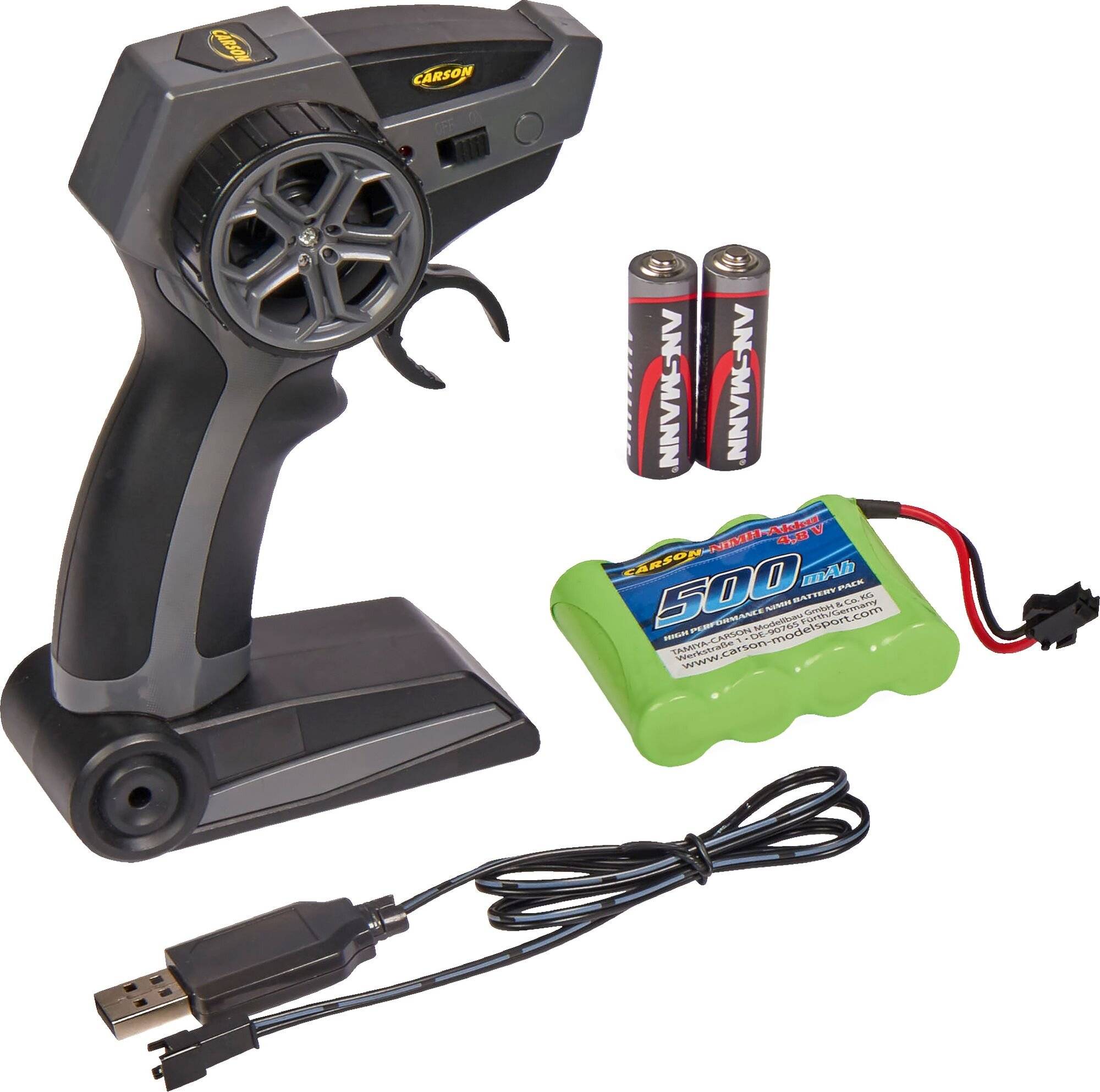 Fernbedienungssystem mit einem Lenkrad, Batterien, einem grünen wiederaufladbaren Akkupack und einem USB-Ladekabel.