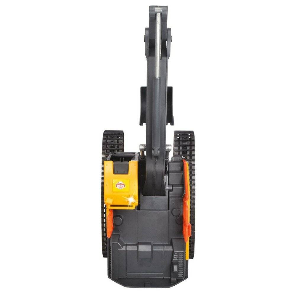 Ein kleiner, spielzeughafter Bagger mit gelb-schwarzem Design, von oben gesehen, mit Ketten und einem beweglichen Ausleger.