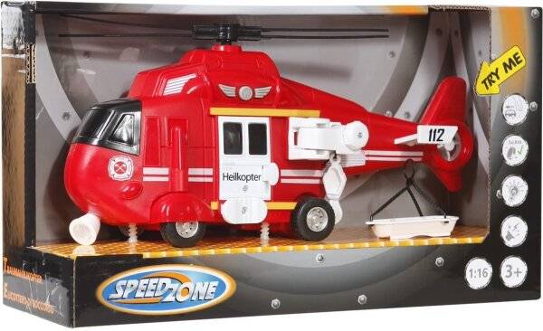Ein roter Spielzeughubschrauber mit weißen Details und der Aufschrift 