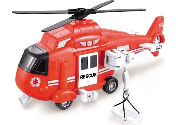 Ein roter Spielzeug-Hubschrauber mit der Aufschrift 