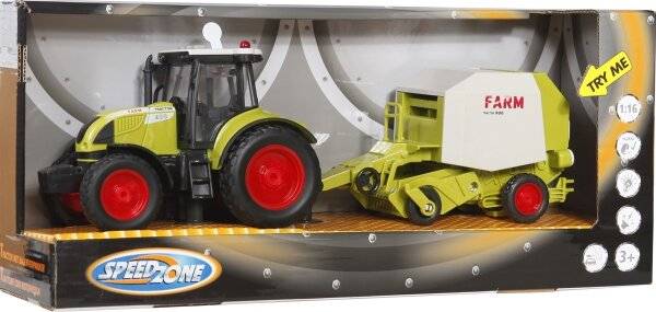 Spielzeug-Traktor und Ballenpresse in Verpackung, mit einem rot-grünen Design. Der Hintergrund ist metallic, mit dekorativen Mustern.