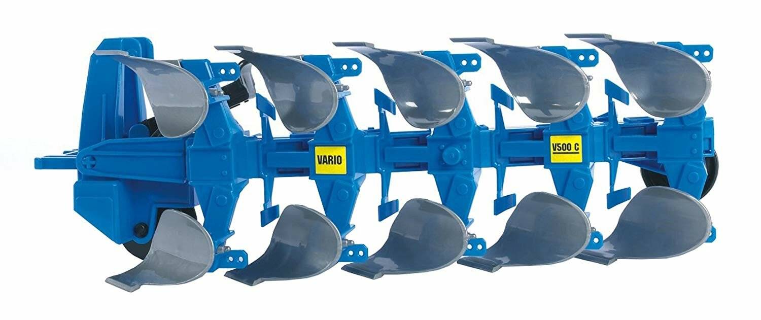 Landwirtschaftliche Pfluganbauvorrichtung mit blauem Metallrahmen und gebogenen grauen Klingen, mit dem Etikett VARIO, entwickelt für Bodenbearbeitung und Kultivierung.