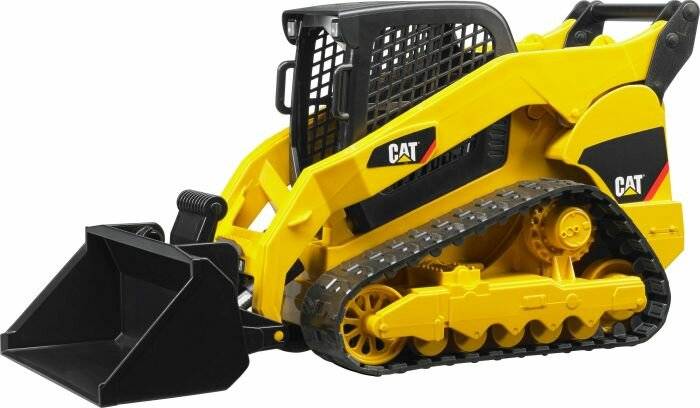 Ein gelber Skid-Steer-Lader mit einem schwarzen Schaufelanbau, ausgestattet mit Ketten anstelle von Rädern, mit der Bezeichnung 'CAT'.