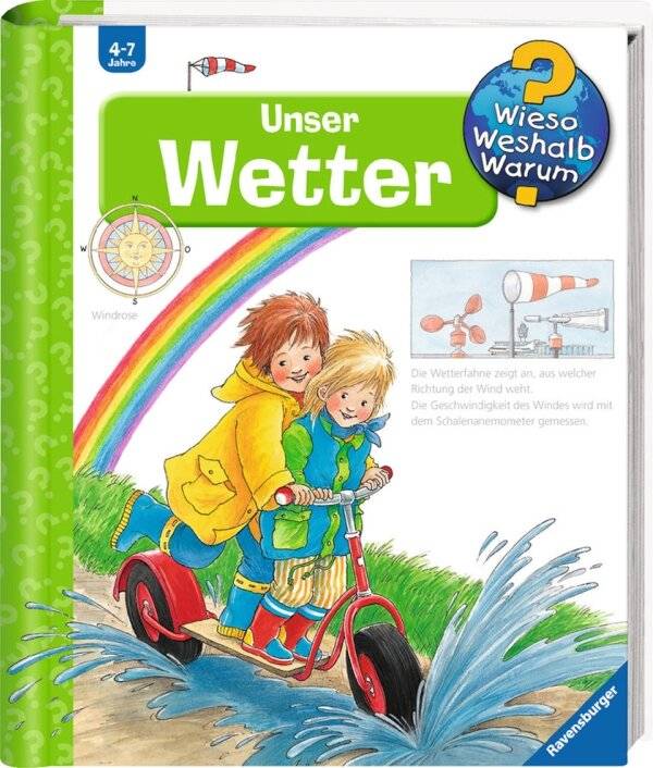 Kinder, die auf einem Dreirad unter einem Regenbogen auf dem Umschlag eines wetterbezogenen Buches mit dem Titel 