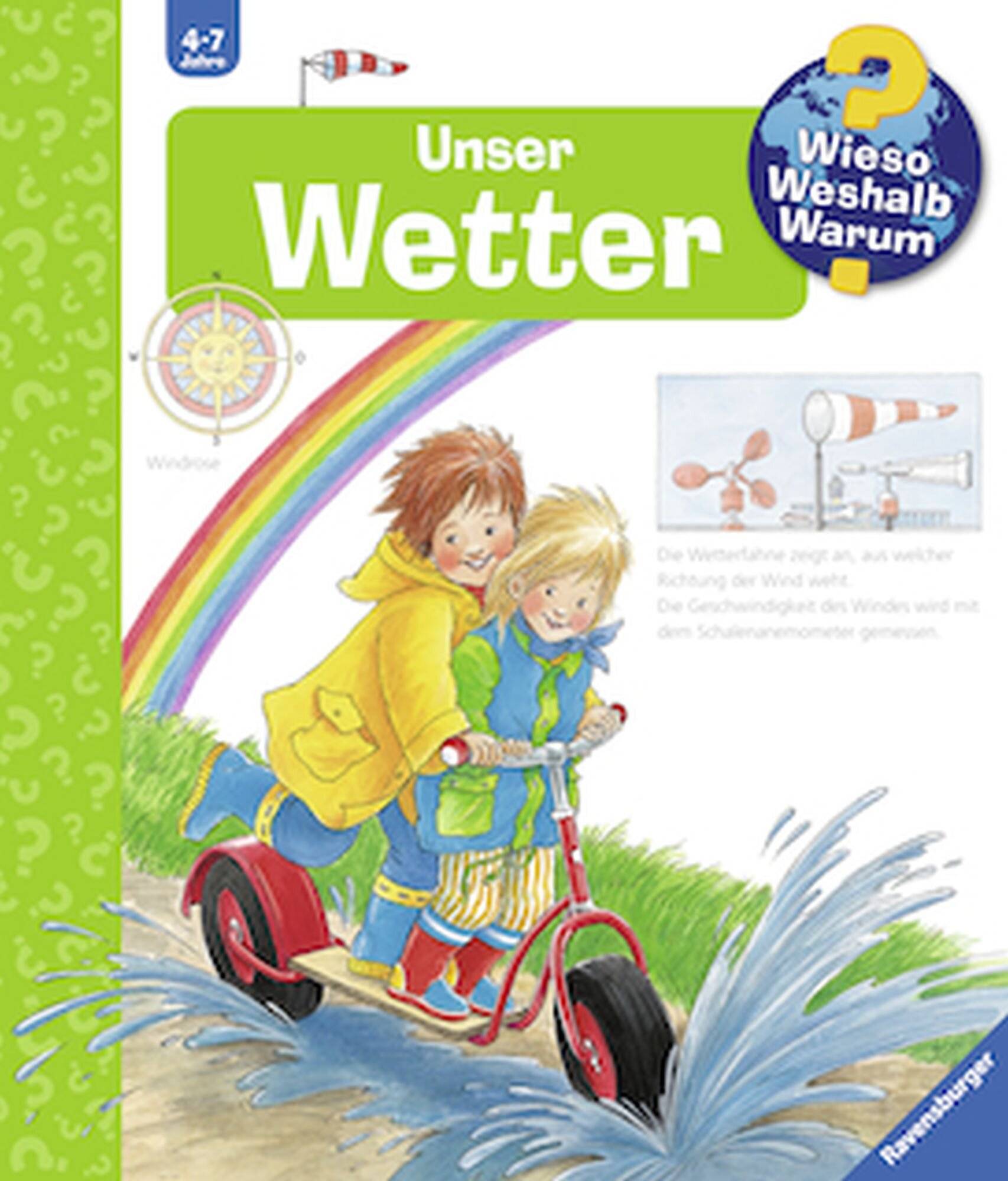 Kinder fahren bei Regen auf einem Dreirad neben einem Regenbogen; das Buchcover mit dem Titel 