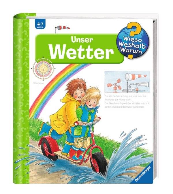 Ein Kinderwetterbuch-Cover mit zwei Kindern auf einem roten Roller, die durch eine Pfütze unter einem Regenbogen fahren, mit einer Wetterfahnen-Illustration.