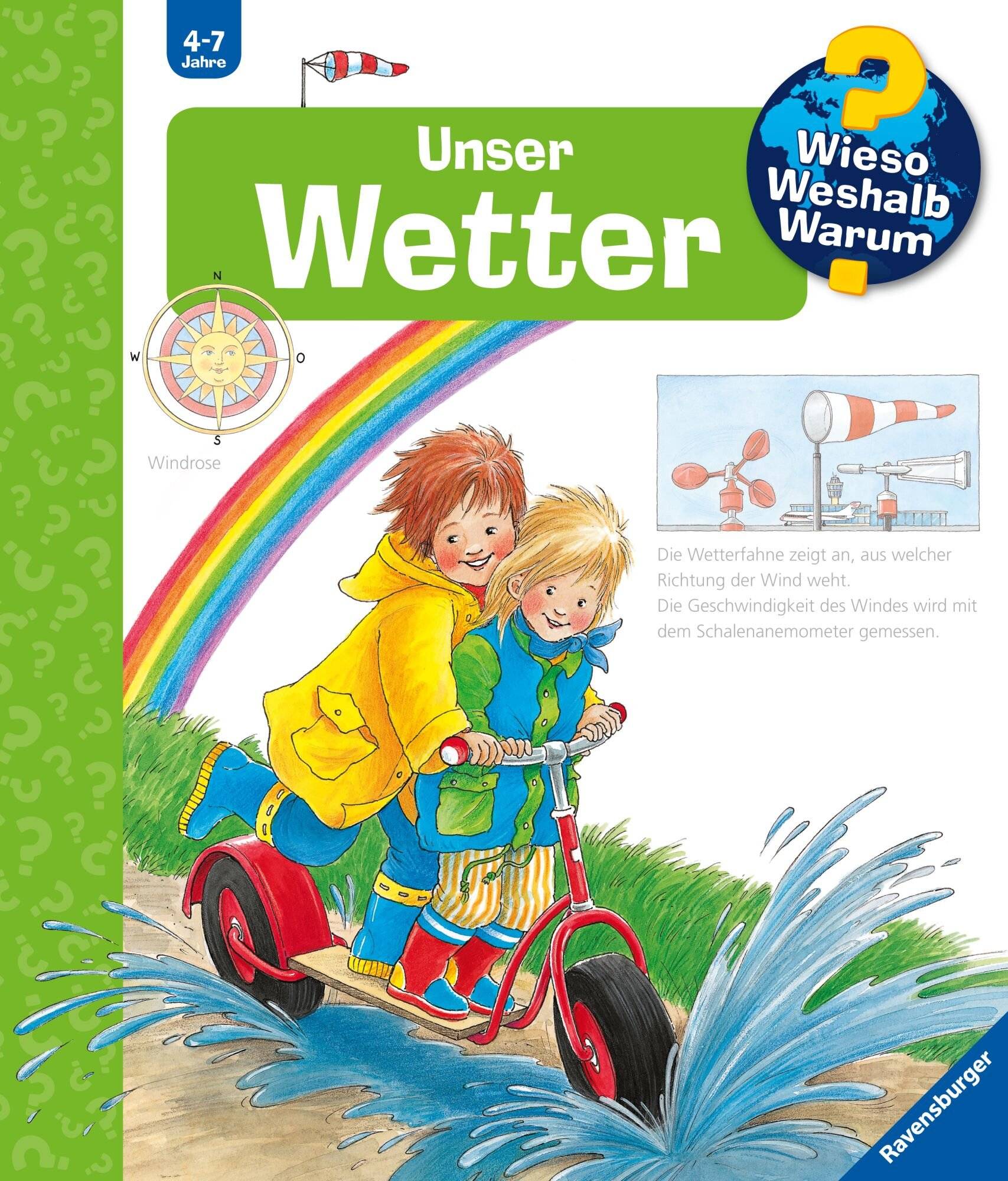 Kinder, die das Buch 'Unser Wetter' lesen und unter einem Regenbogen lächeln; das thematische Cover lehrt Windmessung mit Windrose- und Anemometer-Illustrationen.