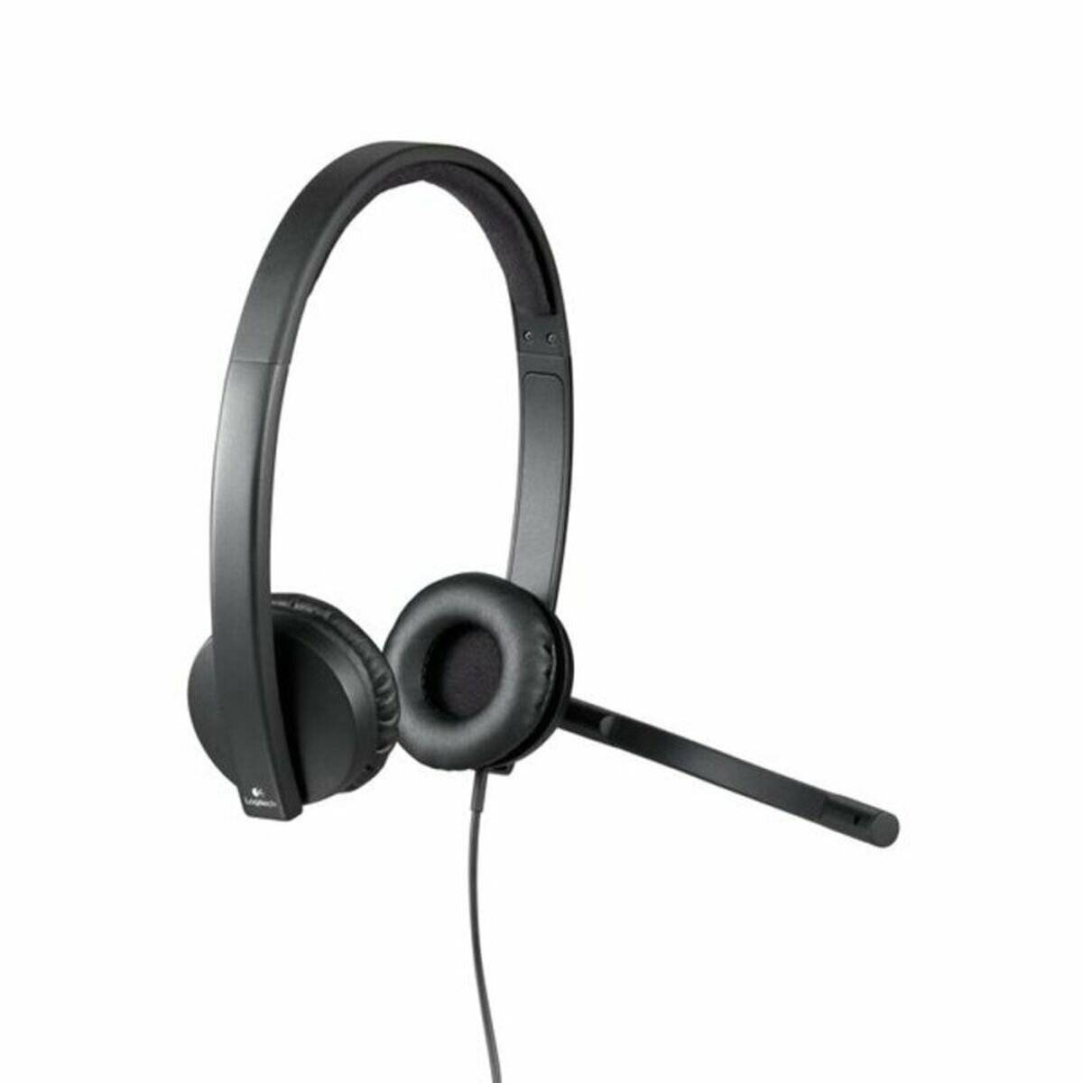 Ein schwarzes Over-Ear-Headset mit einem an der linken Seite angebrachten Mikrofon, ausgestattet mit einer gepolsterten Kopfbügel und kabelgebundener Verbindung, geeignet für den Bürogebrauch.