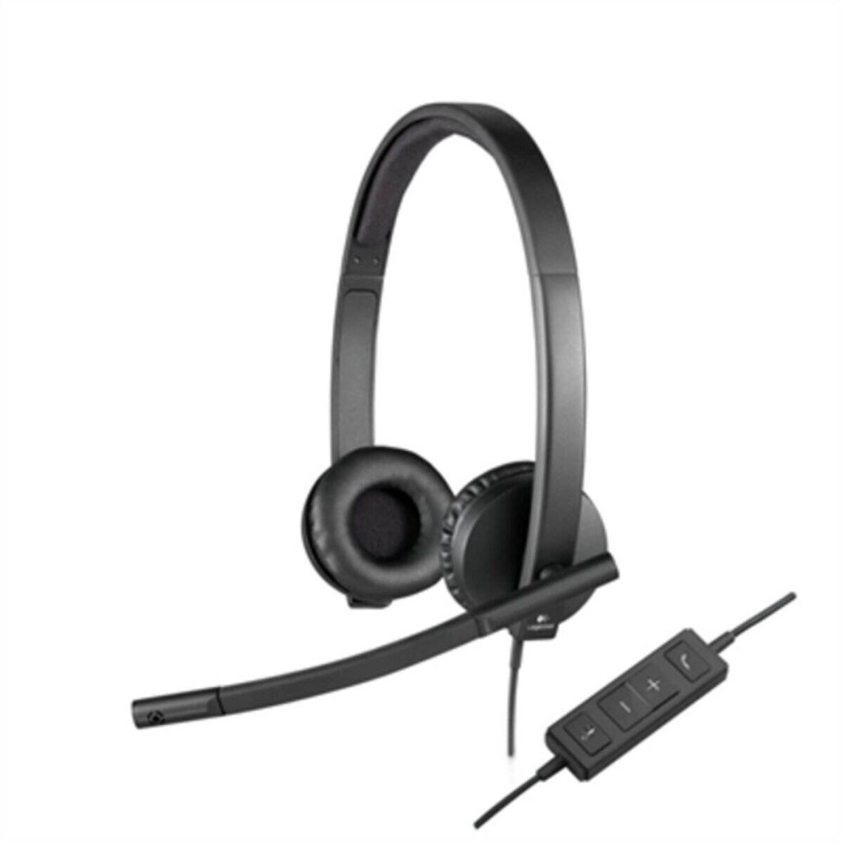 Ein schwarzes Headset mit angebrachtem Mikrofon, ausgestattet mit einem Inline-Bedienfeld mit Lautstärke- und Anrufsteuerungstasten am Kabel.