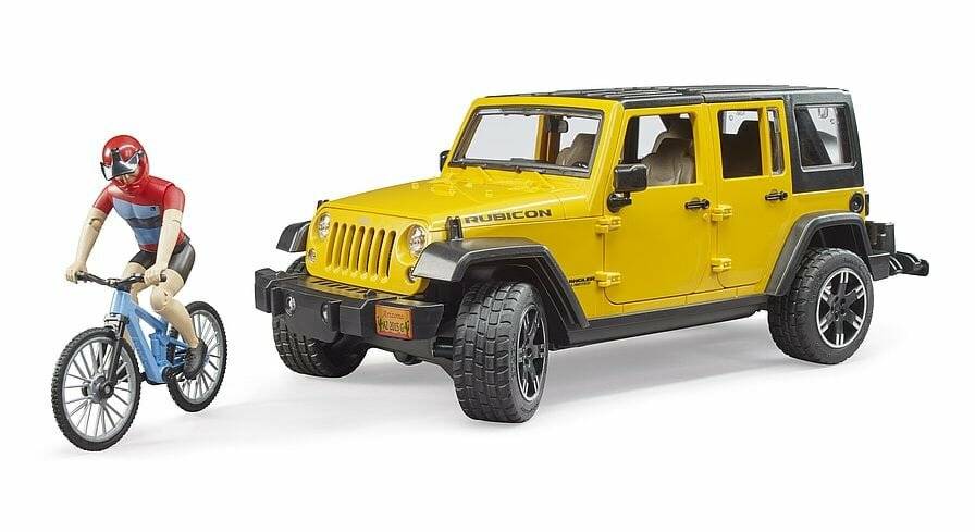 bruder Jeep Wrangler Rubicon Unlimited, Modellfahrzeug (gelb/schwarz, Inkl. Mountainbike und Radfahrer)