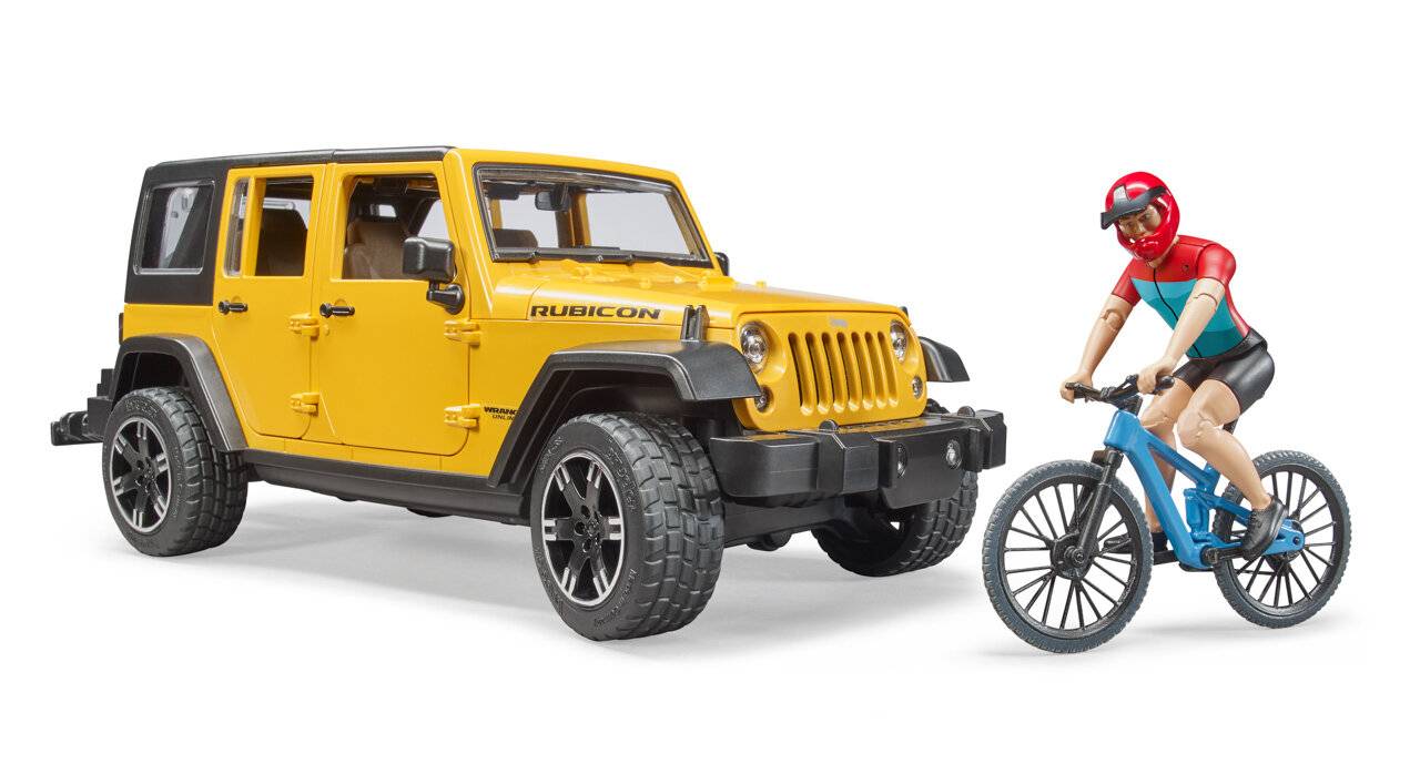 bruder Jeep Wrangler Rubicon Unlimited, Modellfahrzeug (gelb/schwarz, Inkl. Mountainbike und Radfahrer)