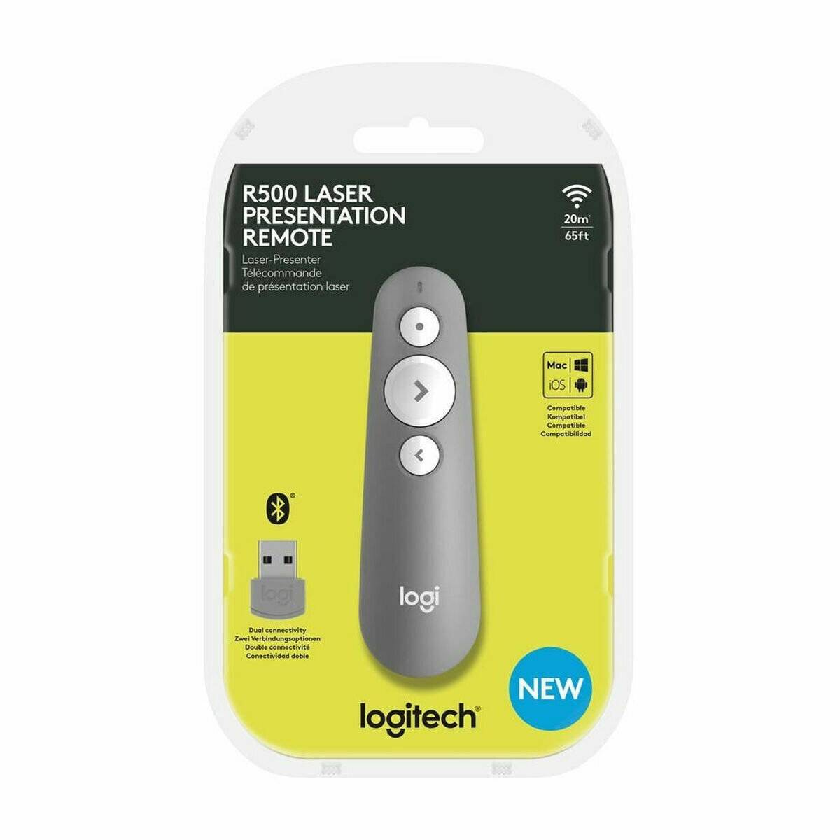 Logitech R500 Laser-Präsentationsfernbedienung in Verpackung, mit 20m Reichweite, Bluetooth, USB-Empfänger und Kompatibilität mit gängigen Betriebssystemen.