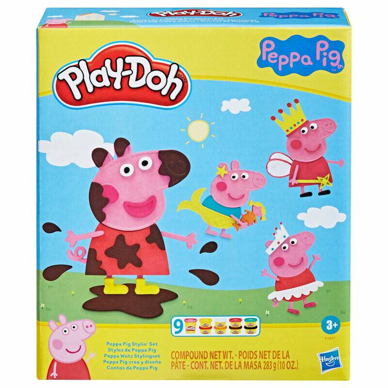 Eine farbenfrohe Play-Doh-Schachtel mit Peppa Wutz-Charakteren, die im Schlamm spielen. Enthält Zubehör für kreatives Spielen. Geeignet für Kinder ab 3 Jahren.