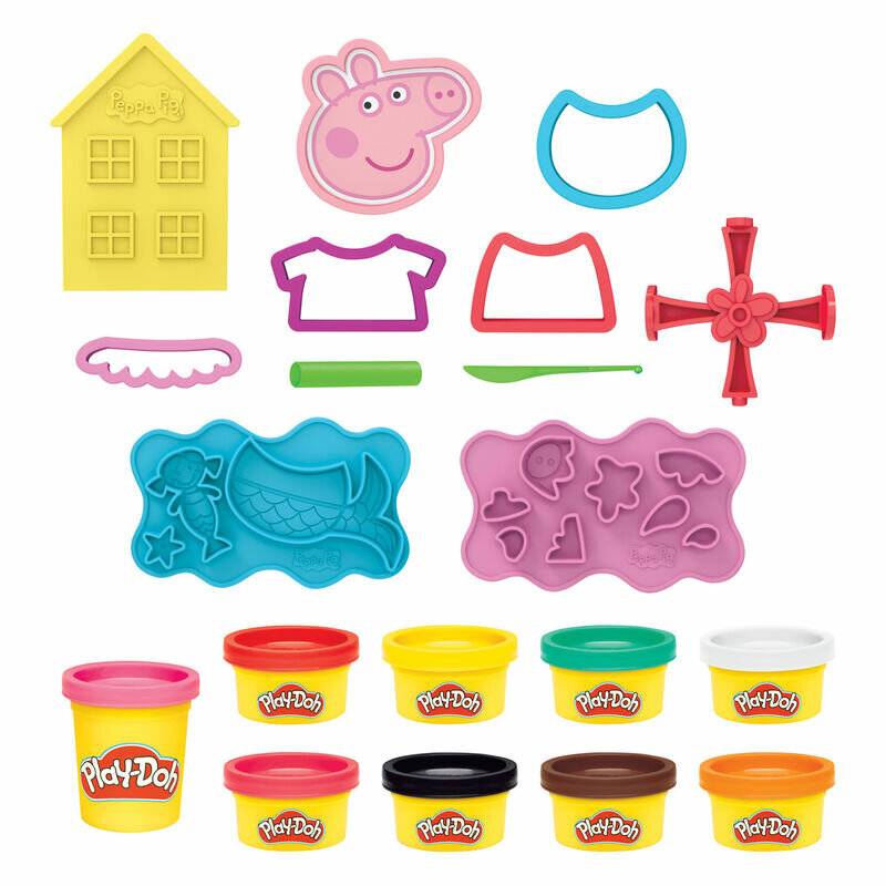 Das 'Play-Doh Peppa Pig'-Set enthält Förmchen wie Peppa's Gesicht, Haus und Kleidung sowie verschiedenfarbige Play-Doh-Behälter.