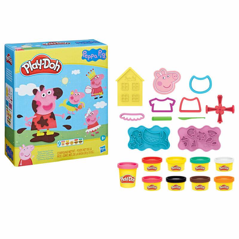 Peppa Wutz Play-Doh Set enthält Formen, Ausstecher und bunte Play-Doh Dosen für kreatives Spielen. Schachtel zeigt Peppa Wutz Motiv.