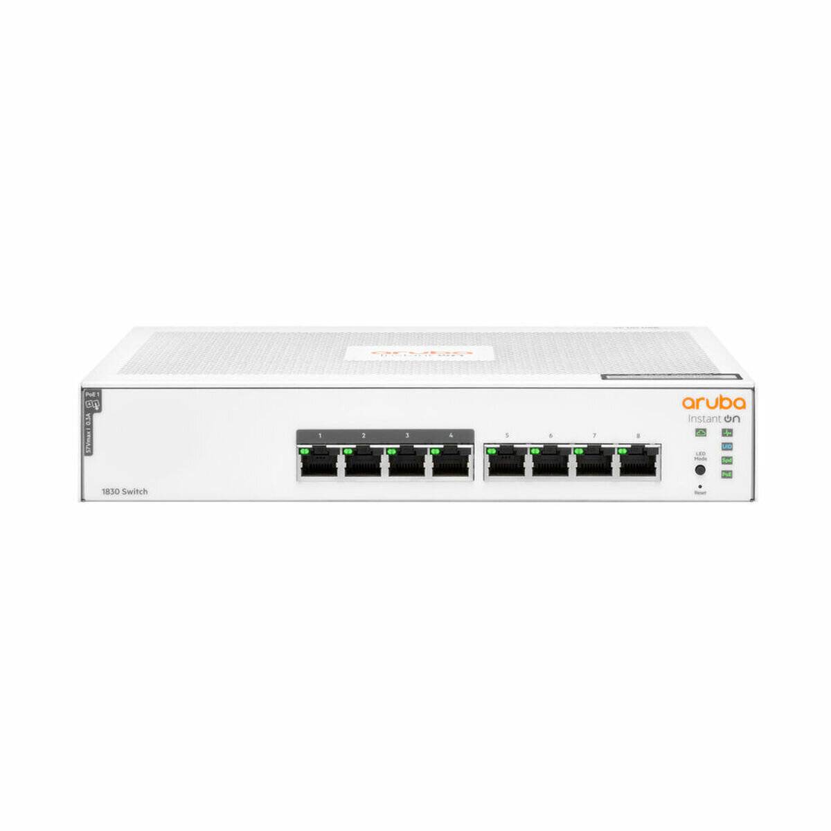 Ein weißer Netzwerk-Switch mit acht Ethernet-Ports, auf dessen Frontplatte 