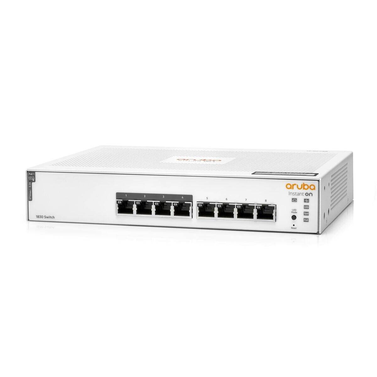 Aruba Instant On Netzwerk-Switch mit acht Ethernet-Ports, weißem Gehäuse und Branding auf der Oberseite. Verwendet für Netzwerklösungen für kleine Unternehmen.