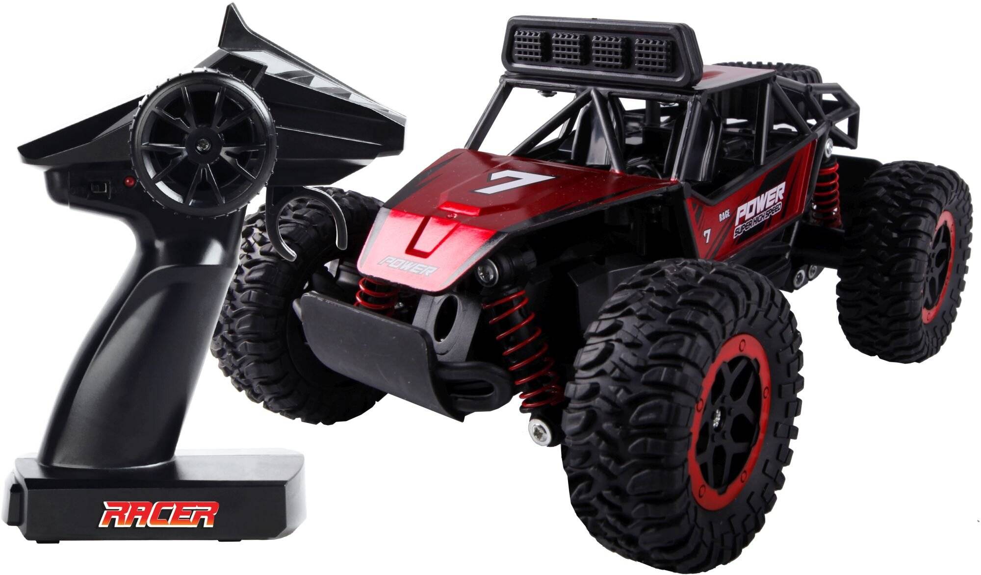 Ein rot-schwarzes ferngesteuertes Auto mit großen profilierten Rädern und der Nummer '7' auf der Motorhaube, was sein robustes Design unterstreicht.