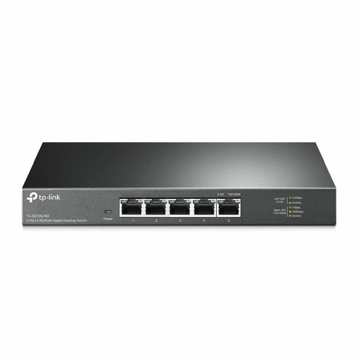 Netzwerk-Switch mit fünf Ethernet-Ports, mit der Bezeichnung 'TP-Link TL-SG105-M2', unterstützt verschiedene Geschwindigkeiten, die durch LED-Leuchten über jedem Port angezeigt werden.