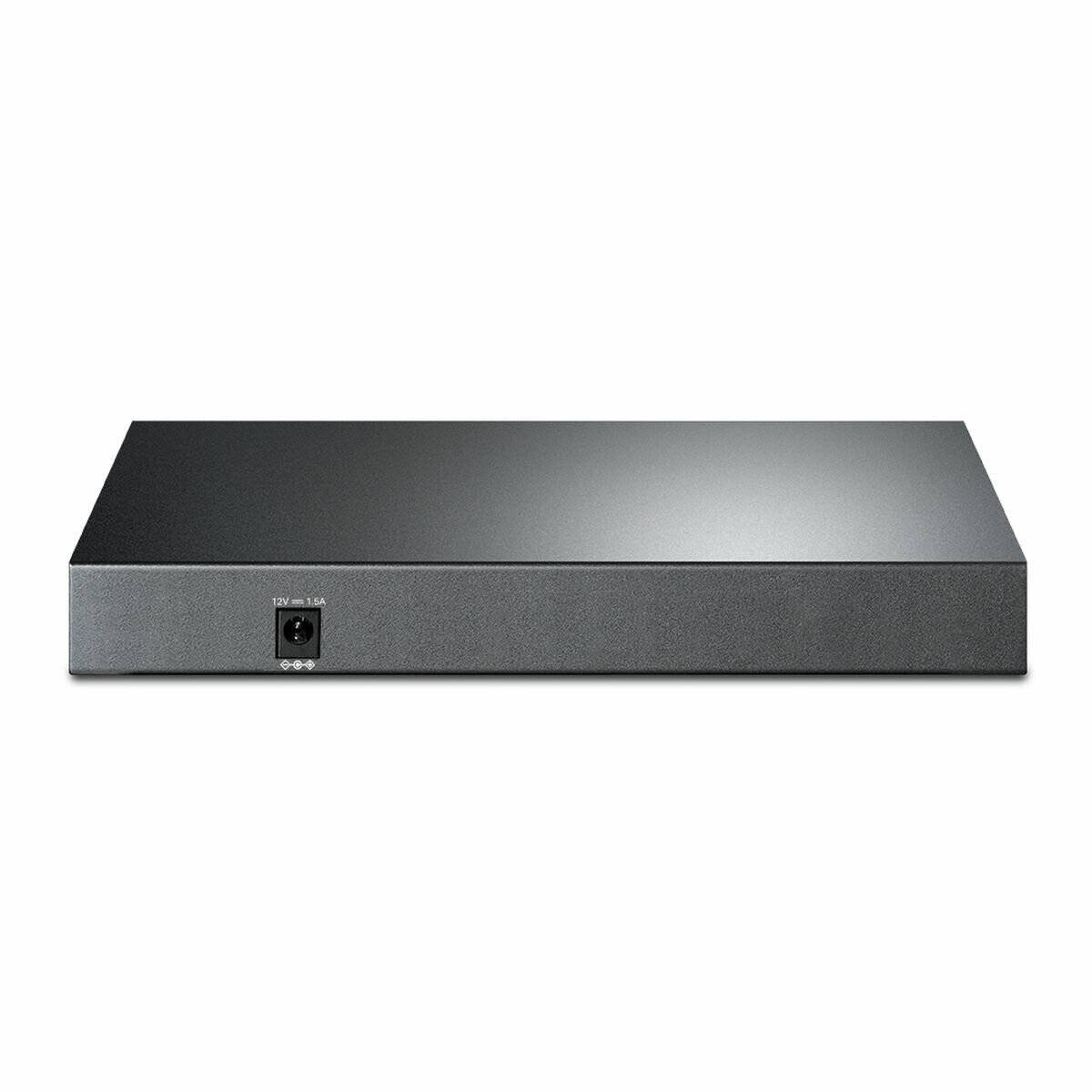 Ein schlankes, schwarzes rechteckiges elektronisches Gerät, möglicherweise eine Medieneinheit oder Netzwerkkomponente, mit einem Einschaltknopf an der Vorderseite.