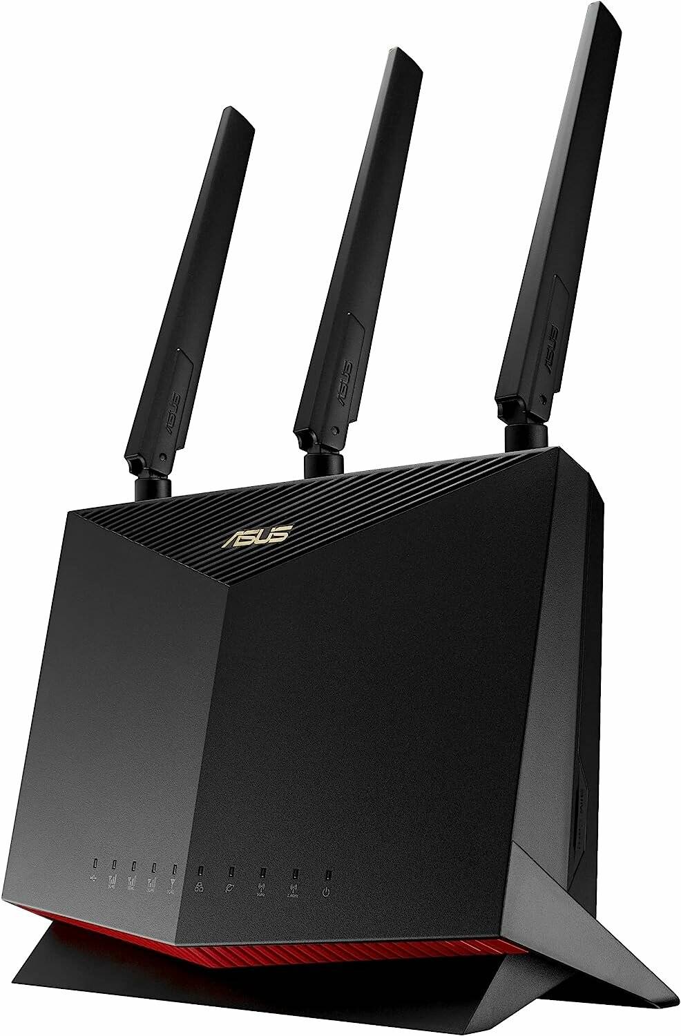 Ein schwarzer ASUS-WLAN-Router mit drei nach oben gerichteten Antennen und dem ASUS-Logo auf der Vorderseite.