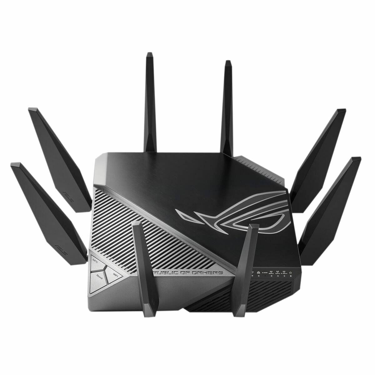 Ein schwarzer, eckiger WLAN-Router mit mehreren Antennen, der ein geometrisches Design und ein Logo aufweist und für hochgeschwindigkeitsoptimiertes, spielorientiertes Networking entwickelt wurde.
