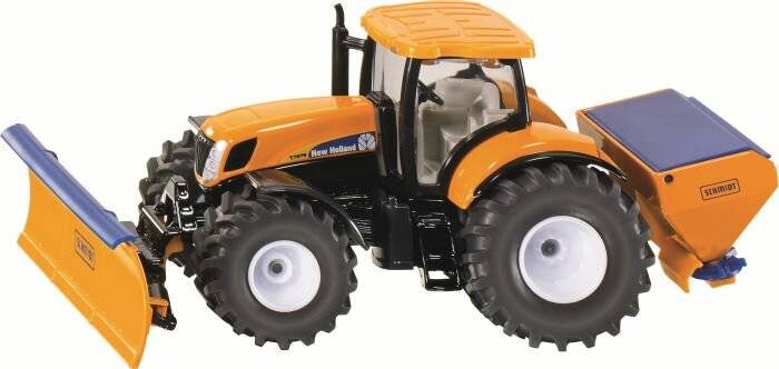 Spielzeugmodell eines New Holland Traktors mit großen schwarzen Reifen und einer hellorange farbenen Fahrerkabine, von der Seite betrachtet.