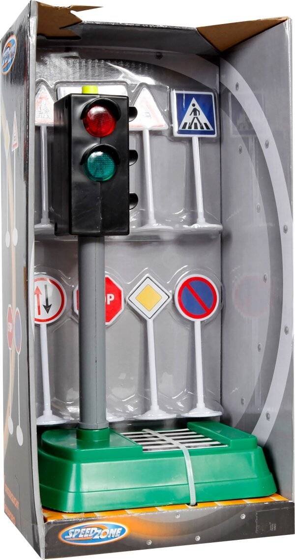 Ein Miniatur-Verkehrsampelmodell mit verschiedenen Verkehrszeichen, darunter Stopp, Vorfahrt gewähren und Durchfahrt verboten, präsentiert als Lehrmittel.