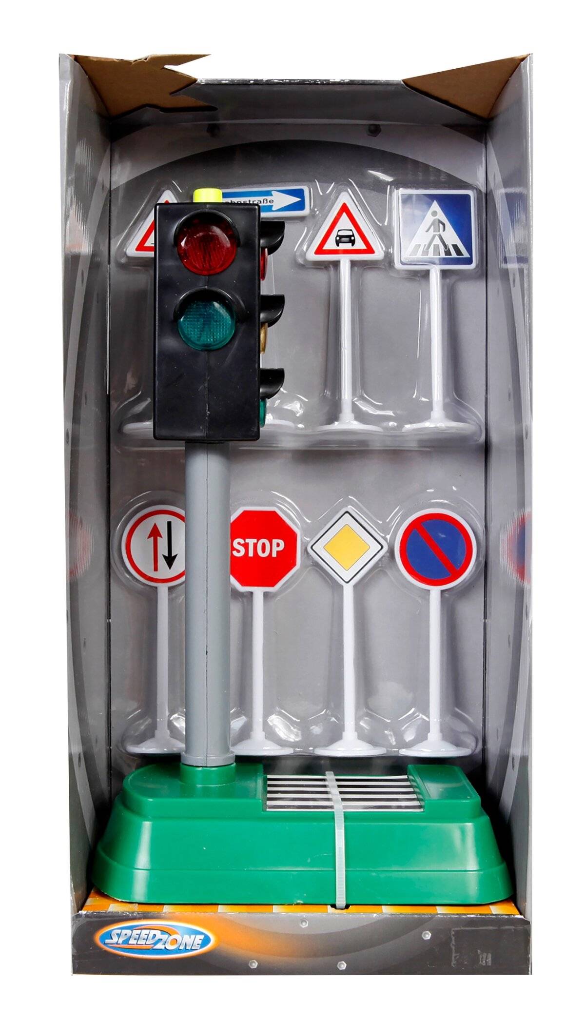 Ein Set von Spielzeug-Verkehrsschildern und Ampeln auf einem grauen Hintergrund, einschließlich eines Stoppschildes und einer Verkehrsampel mit rotem Licht.