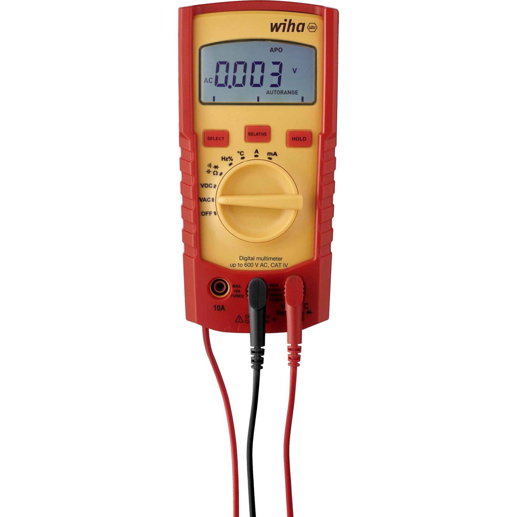 Ein roter digitaler Multimeter, der '0,003 V' anzeigt, zum Messen der elektrischen Spannung, mit roten und schwarzen Messleitungen verbunden.