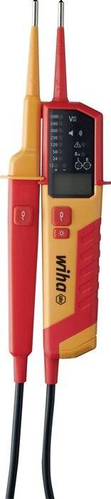 Ein roter und gelber elektrischer Spannungsprüfer mit sichtbarem Markennamen, ausgestattet mit Tasten für verschiedene Testfunktionen.