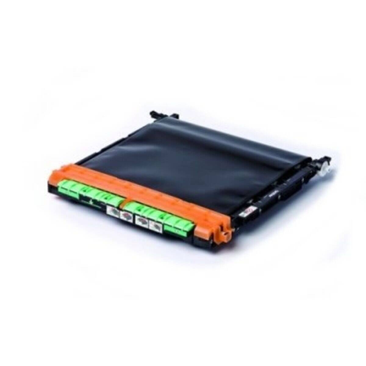 Ein Druckertransfergurt, rechteckig mit orangefarbenen und grünen Komponenten, der in Laserdruckern verwendet wird, um Bilder auf Papier zu übertragen.