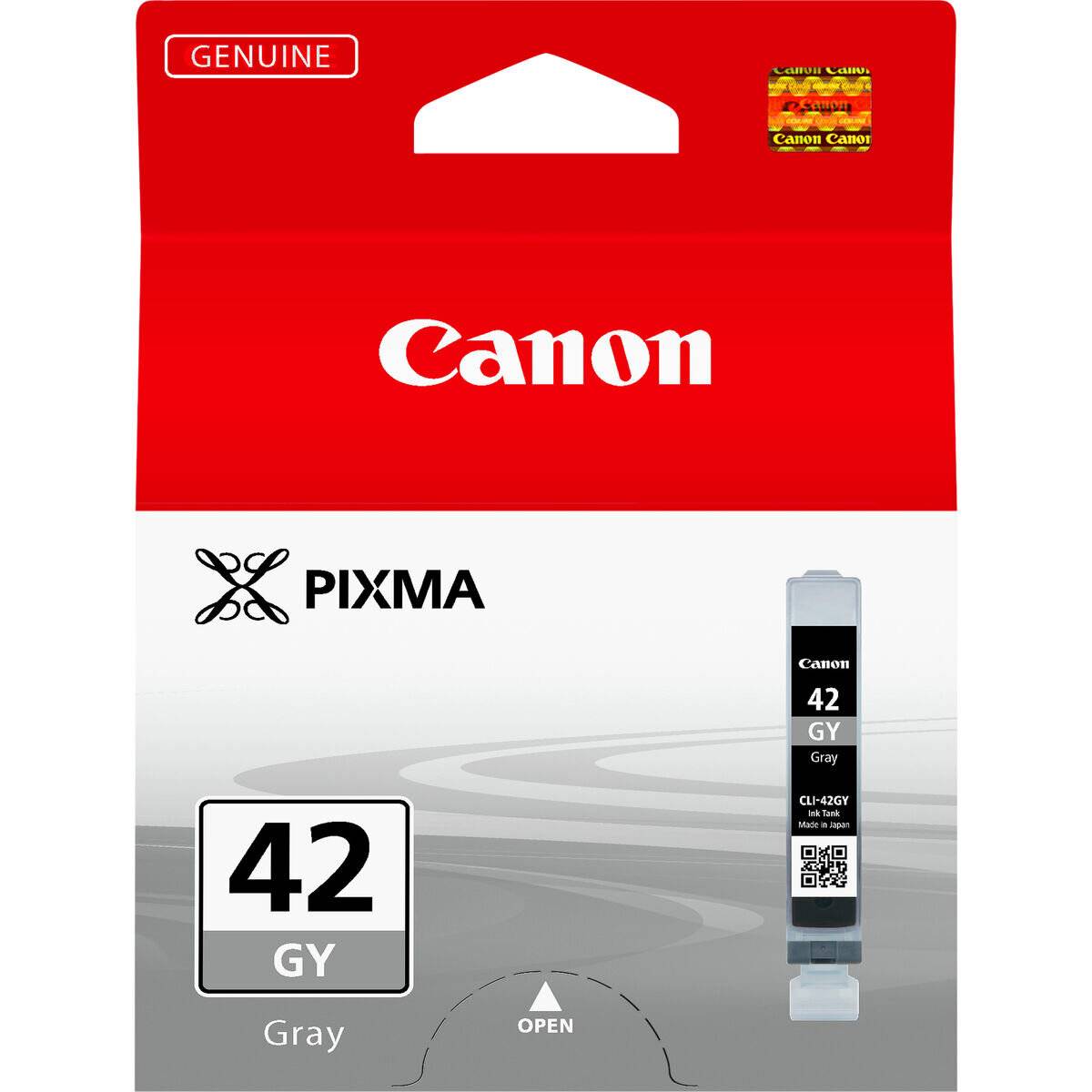 Verpackung für Canon PIXMA 42 Grauer Tintenpatrone, gekennzeichnet als Original, mit Canon-Logo und QR-Code auf der Vorderseite.